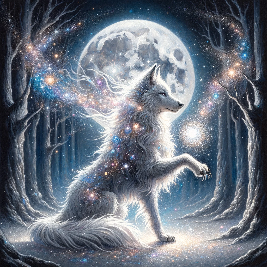 A silver wolf performing a mystical ritual under the pale light of a full moon in a sparkling forest. The wolf has hair that scatters moonlight colors, creating a magical and mysterious atmosphere. This stunning gouache painting captures the celestial beauty and powerful presence of the wolf with shining, intricate details, complex shadows, and soft, glowing light. The scene is dreamlike, drawing viewers into a world of magic and mystery.