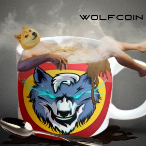 Dogecoin Soup Simmering in a WOLFCOIN Mug