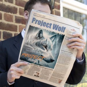 Newspaper advertisement : PROJECT WOLF. WOLFCOIN.