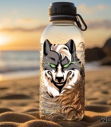 a water bottle with a wolf coin on it under a white sand sunset