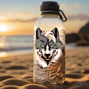 a water bottle with a wolf coin on it under a white sand sunset